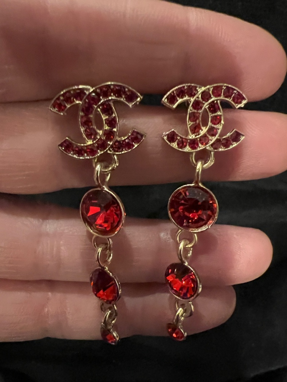 CHANEL Red Crystal Logo Drop Earrings - Gold Tone - Picture 13 of 13